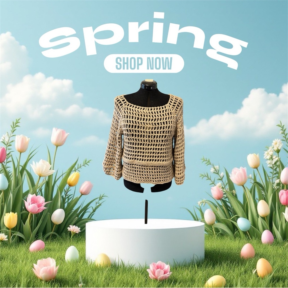 Cream Crochet Crew Neck Sweater Lightweight Spring